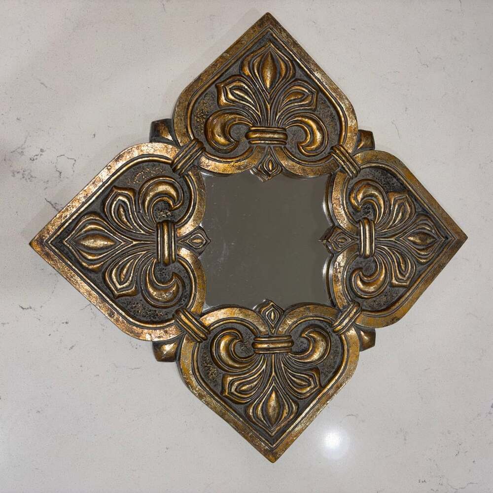 Fleur-de-Lis Diamond Accent Wall Mirror Distressed Gold Bronze Finish 16”x16”